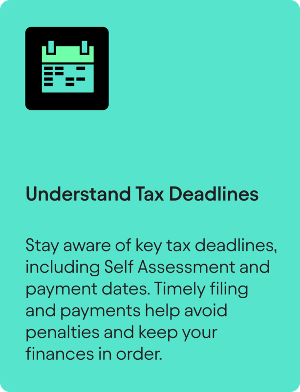 "Understand Tax Deadlines" tip graphic with a calendar icon advising readers to stay aware of key tax filing dates.
