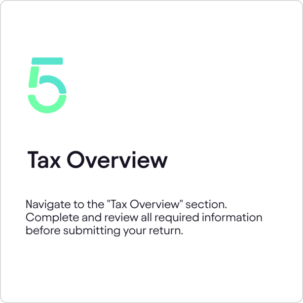 Step five guide explaining how to navigate tax overview.
