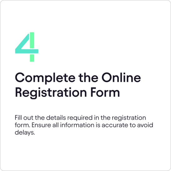 Step four card instructing to complete online registration form