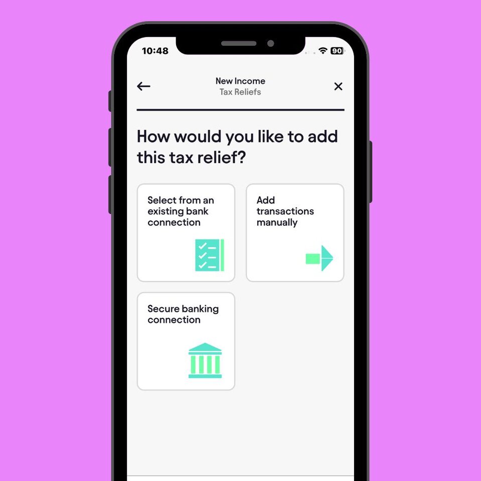 Screenshot of the Pie Tax app's "Tax Reliefs" screen showing options to add a tax relief via bank connection or manually.