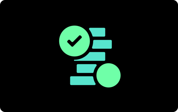 Icon of a checklist with two circular checkmark badges, in green and teal on a black background.