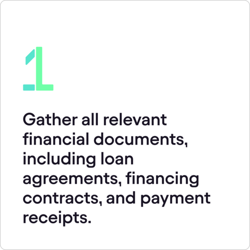 Card showing step one: gather all financial documents
