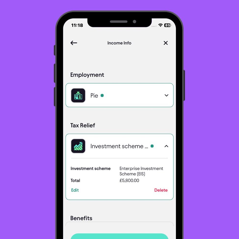 Screenshot of the Pie Tax app's "Income Info" screen showing an Enterprise Investment Scheme tax relief entry totaling £5,800.