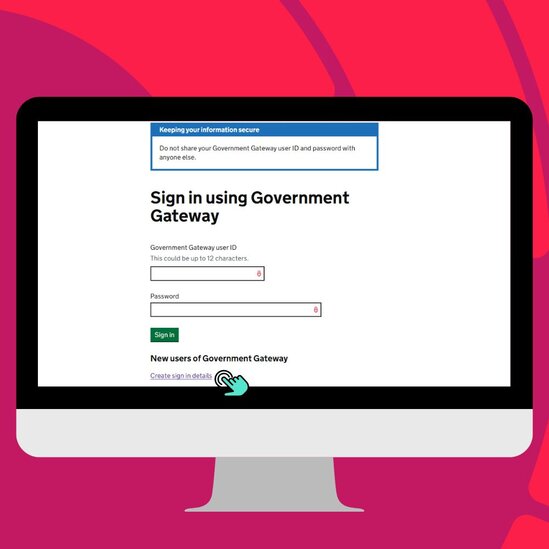 Desktop monitor showing Government Gateway sign in screen interface