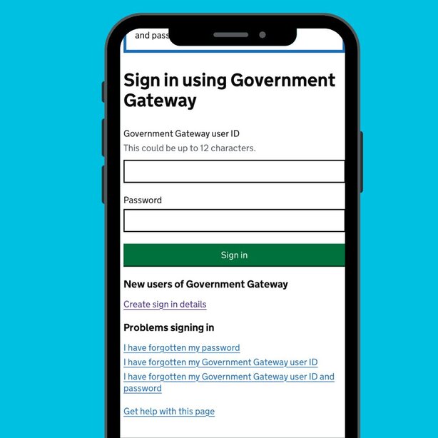 Screenshot of a Government Gateway sign-in screen with fields for user ID and password.