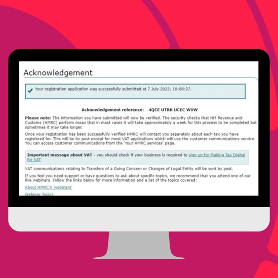 Desktop screen displaying an HMRC acknowledgement confirmation page