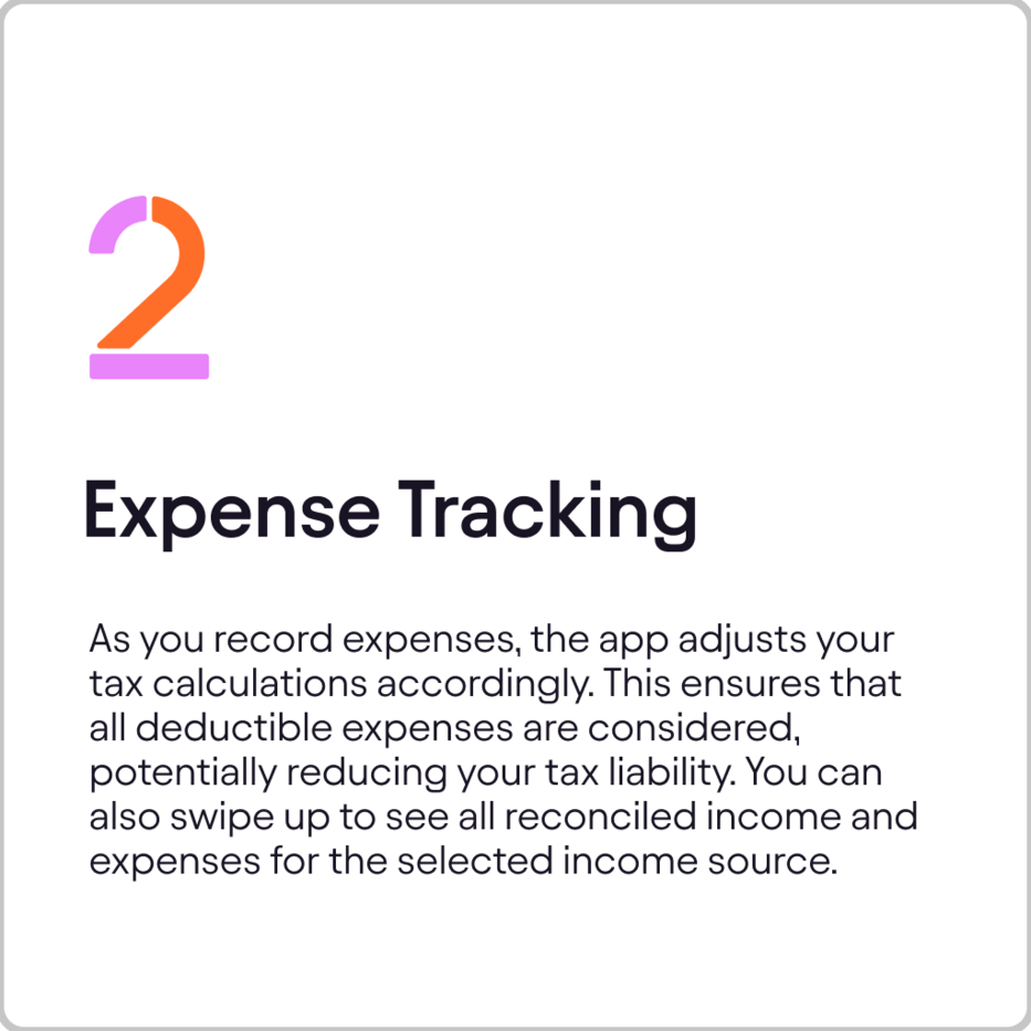 Tip card titled "Expense Tracking" with the number 2 and an explanation that recorded expenses automatically adjust tax calculations.