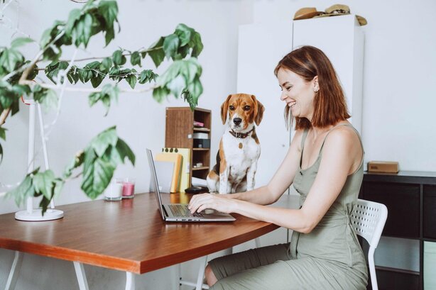 Woman working on laptop beside her pet dog