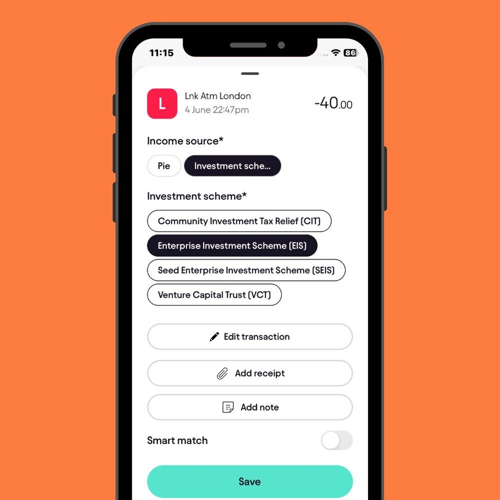 Screenshot of the Pie Tax app's transaction screen showing a Lnk Atm London transaction categorized under the Enterprise Investment Scheme.