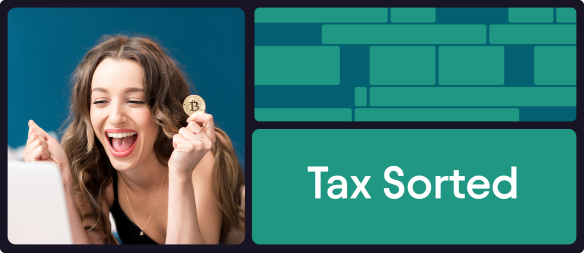 Crypto income tax sorted graphic with cryptocurrency investor illustration