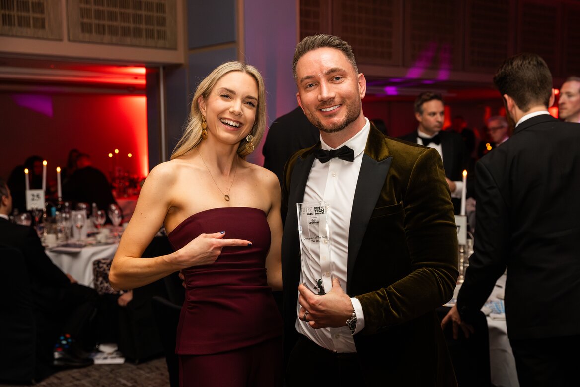 CEO of Pie Tom McNally celebrating with award alongside guest at StartUp Grind UK event