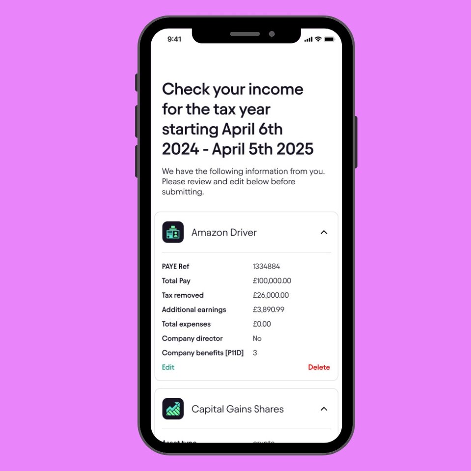 Mobile app "Check your income" screen for the 2024-2025 tax year showing an expanded "Amazon Driver" income entry with pay and tax details, plus a partially visible "Capital Gains Shares" section below.