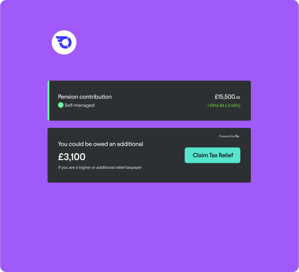 App widget showing a self-managed pension contribution balance and a "Claim Tax Relief" card promoting an additional £3,100 for higher-rate taxpayers, powered by Pie.
