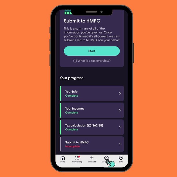 App submit to HMRC screen showing progress steps all complete
