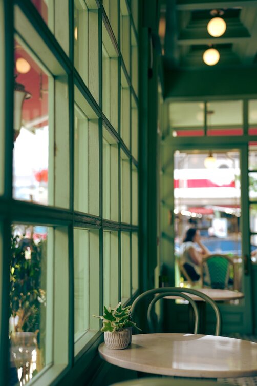Small plant on café table beside green-framed windows