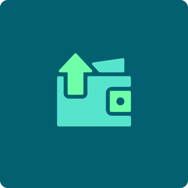 Icon of a wallet with an upward arrow, representing income or earnings, on a teal background.