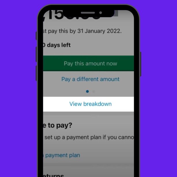 Screenshot of an HMRC payment screen showing a due date, payment options, and a "View breakdown" link.
