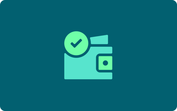 Teal icon of wallet with checkmark and banknote
