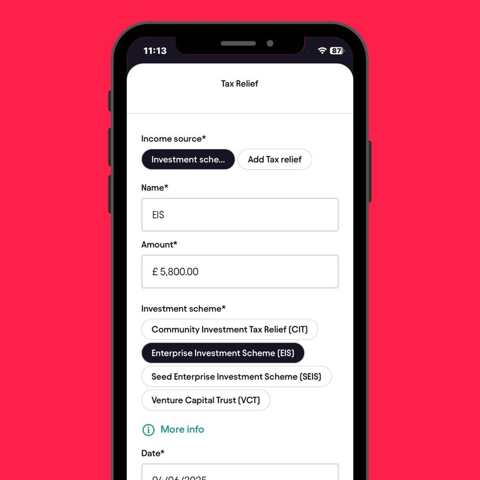 Screenshot of the Pie Tax app's "Tax Relief" screen showing an Enterprise Investment Scheme entry with name, amount, and scheme fields.