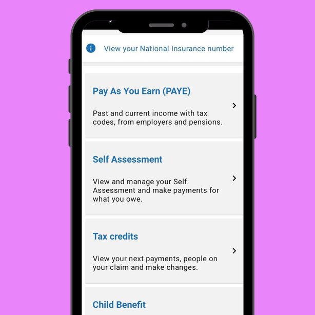 Screenshot of a Government Gateway account screen listing PAYE, Self Assessment, Tax credits, and Child Benefit options.