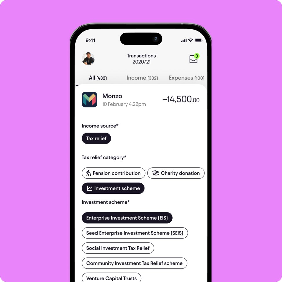 Screenshot of the Pie Tax app's transactions screen showing a Monzo transaction categorized under tax relief and investment scheme options.