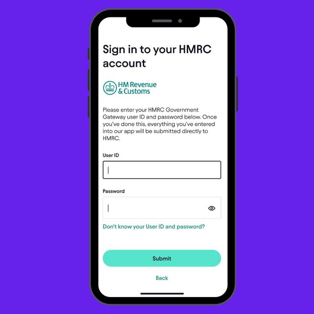 Mobile screen showing HMRC account sign-in page with credentials.
