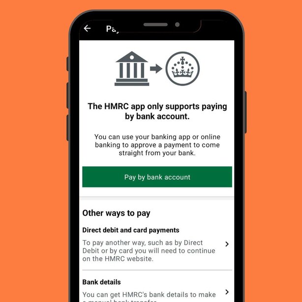 Screenshot of an HMRC app payment screen explaining bank account payment options.