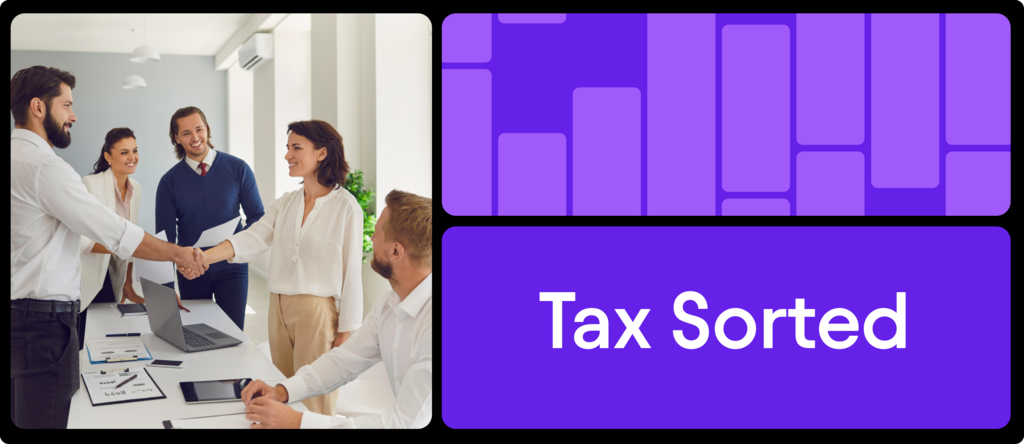Business team handshake beside purple Tax Sorted branding graphic