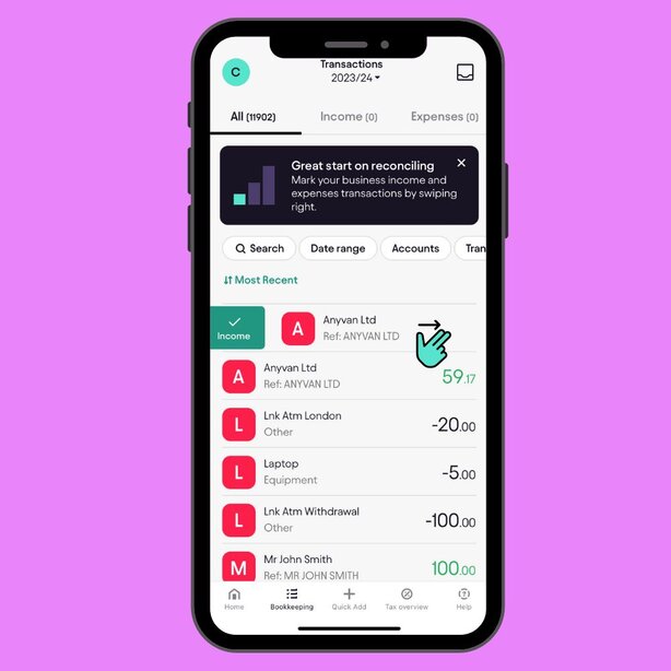 App transactions screen showing reconciliation banner with recent transactions list
