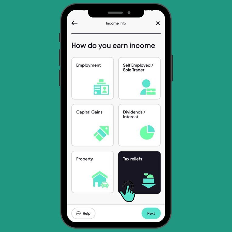 Mobile app "Income Info" screen with a grid of income type tiles, with "Tax reliefs" selected and a cursor tapping it.