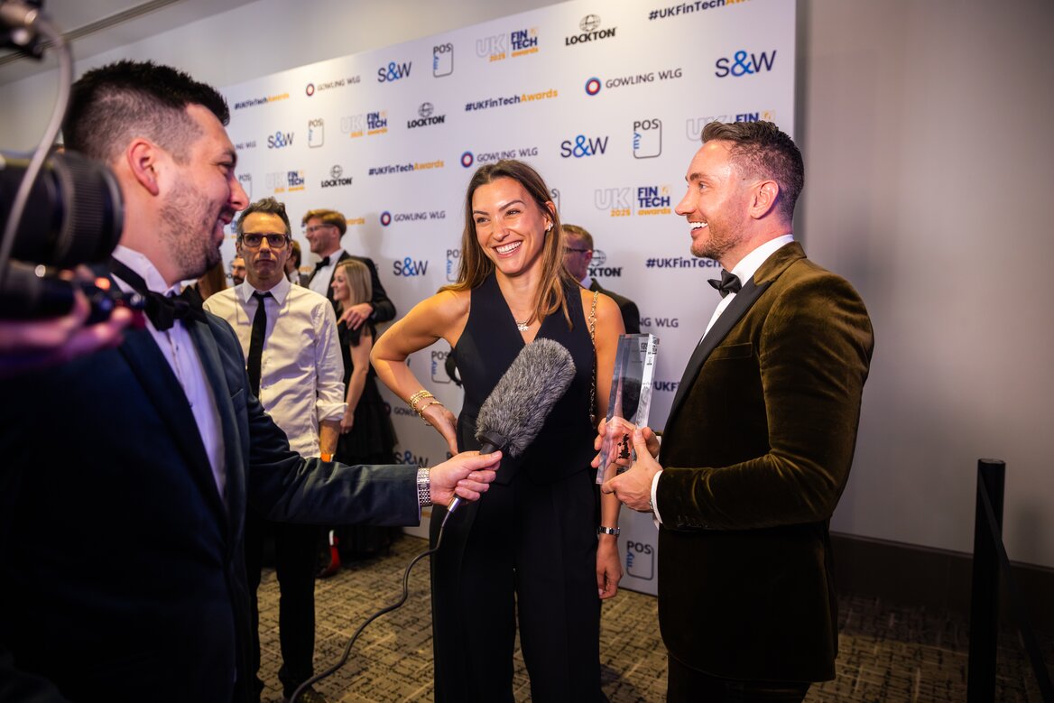 Tom McNally and Charlotte Baroukh being interviewed at the UK Fin Tech Awards 2025 after Pie won Disruptor of the Year