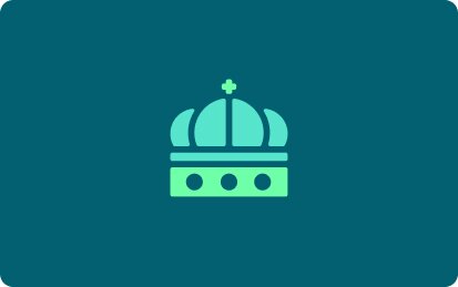Icon of a crown topped with a small cross, in green and teal on a dark teal background.