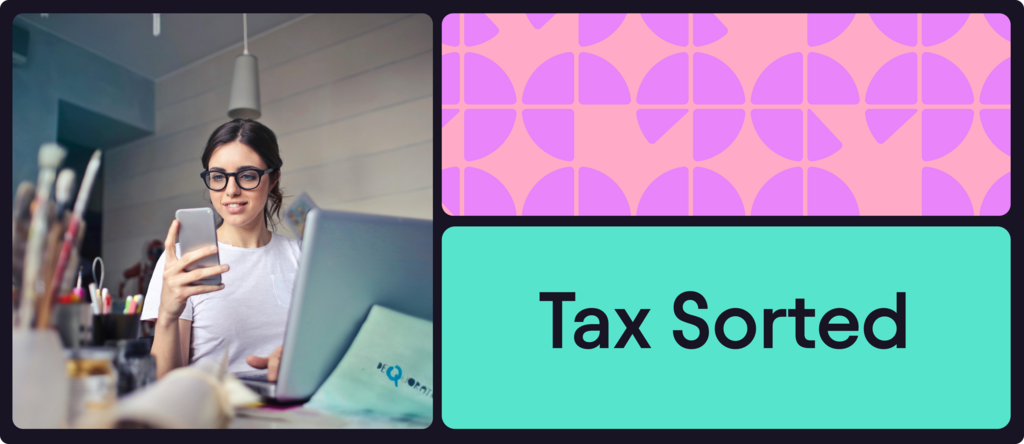 woman with black glasses checking phone "Tax sorted"

