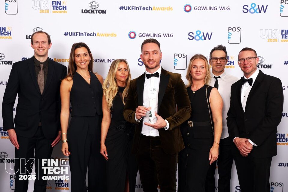 Tom McNally and the Pie team celebrating their Disruptor of the Year win at the UK Fin Tech Awards 2025