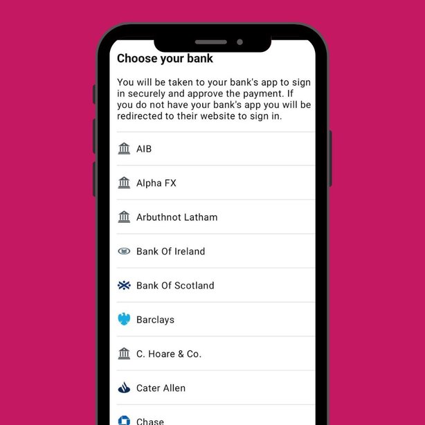 Screenshot of a "Choose your bank" payment screen listing UK banks including AIB, Barclays, and Bank of Scotland.