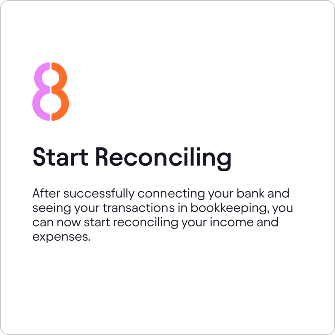 Step eight card explaining how to start reconciling transactions