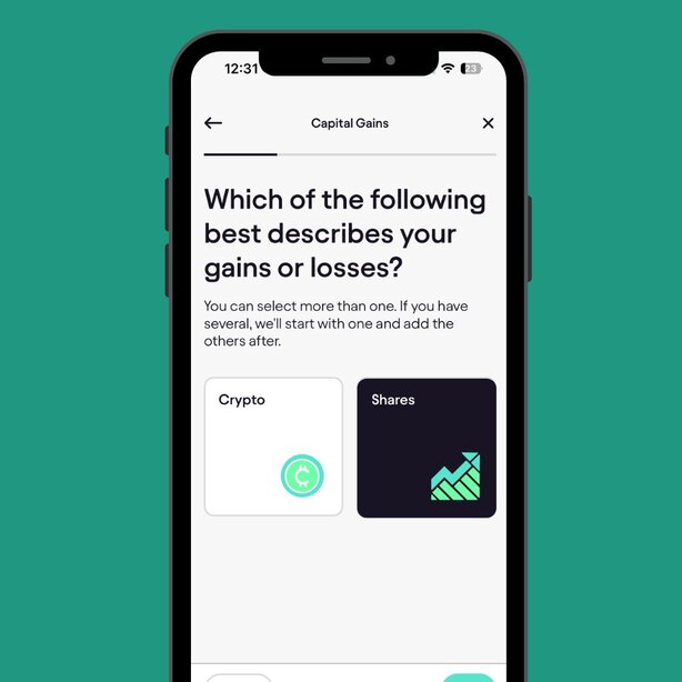 Phone screen asking about crypto or shares capital gains